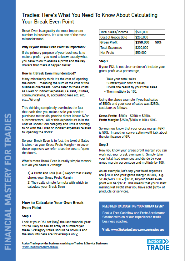Introduction and Instructions for Tradies' Break Even Calculator